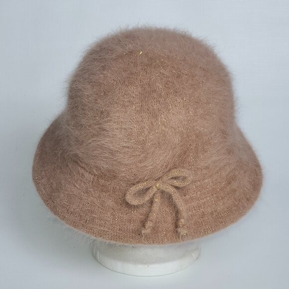 Ladies Winter Bucket Hat Angora Blend Great Shape Brown w/Gold Tint BOW Deatil - Picture 1 of 7